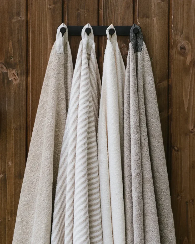 Wiszące ręczniki do sauny lniane frotte w czterech kolorach: off white, striped, natural, natural black