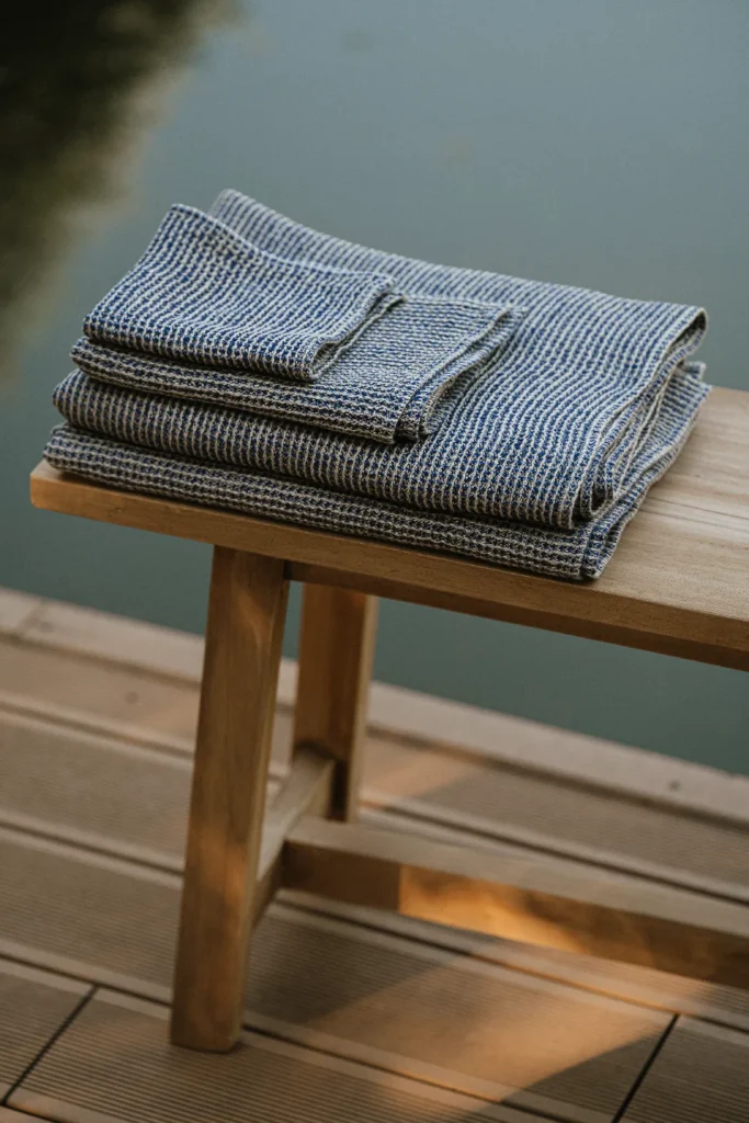 lniane ręczniki do sauny wafel natural jeans blue